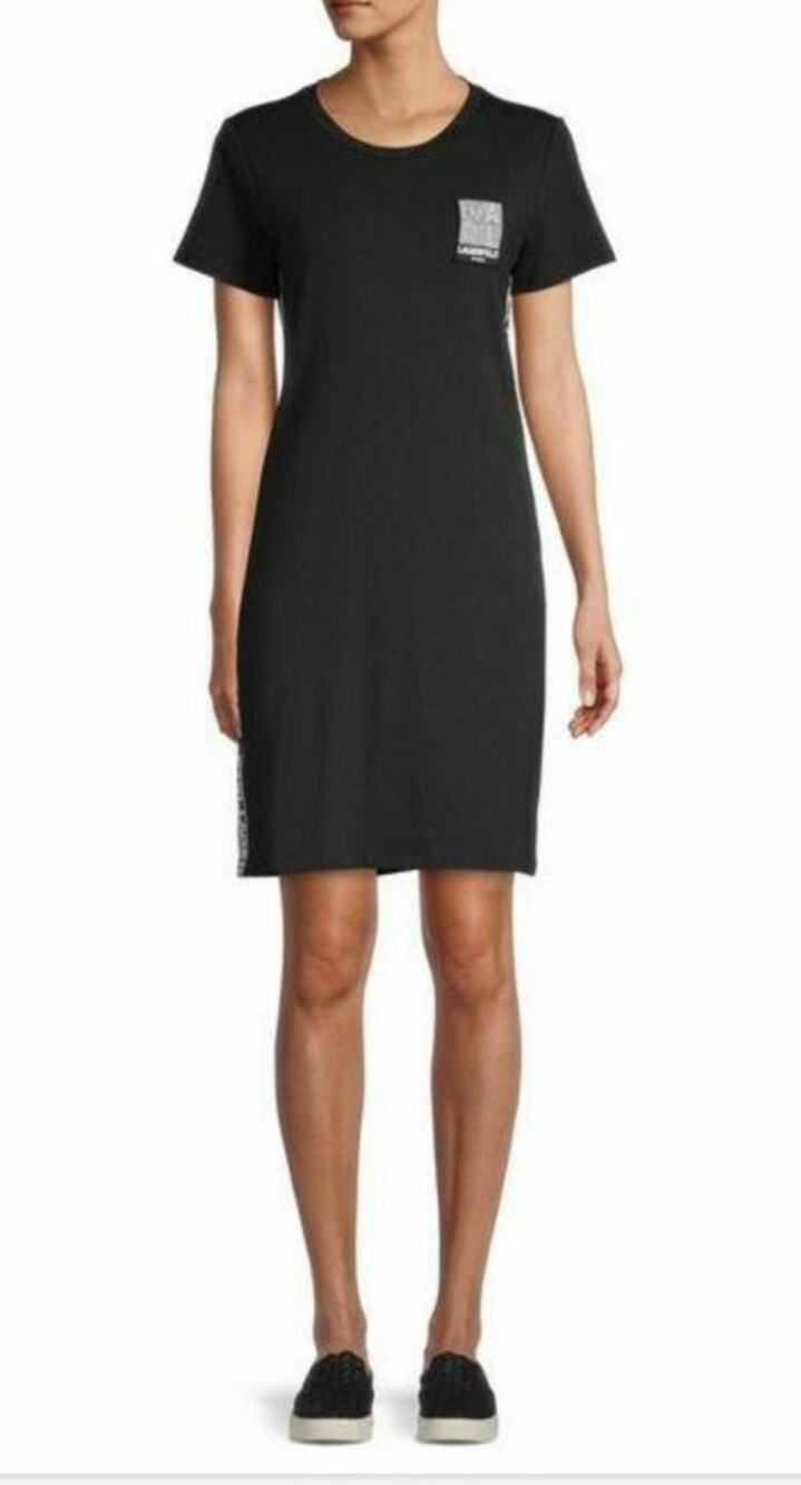 Y2K Karl Lagerfeld Paris Logo Tape T-Shirt Mini Dress S Black Streetwear Comfy